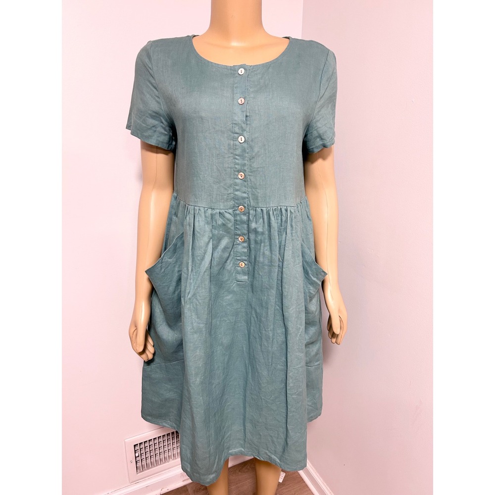 Listicle Women Blue Linen Button Front Babydoll Midi Dress Pockets Size L LD0408